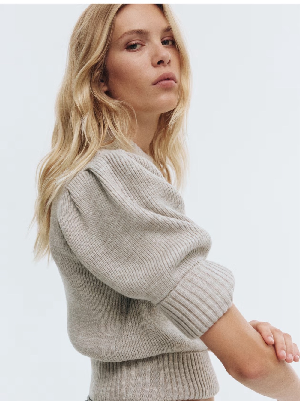 H&M Light Gray\Taupe Puff-Sleeve Short Sleeve Sweater